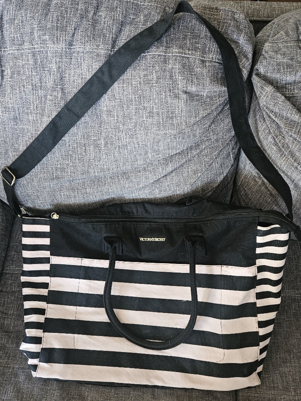 VICTORIAS SECRET Light Pink/Black Beach Travel Bag Large Handle Strap Cotton